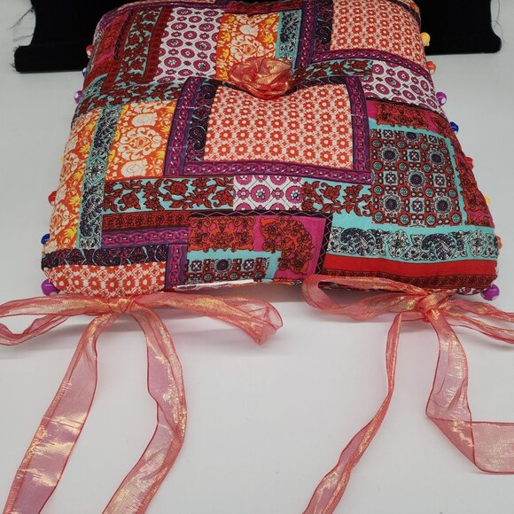 Boho Colorful Patchwork Chair Square Pillow With Ribbon Ties & Beaded Trim - Picture 1 of 6